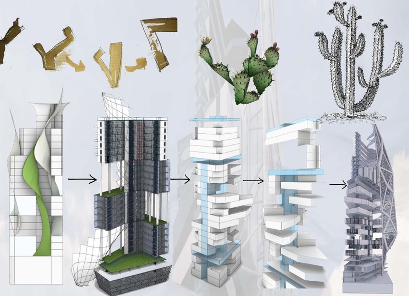A cactus-inspired evolution—from abstract geometry to vertical structure—shapes a resilient and organic architectural form.