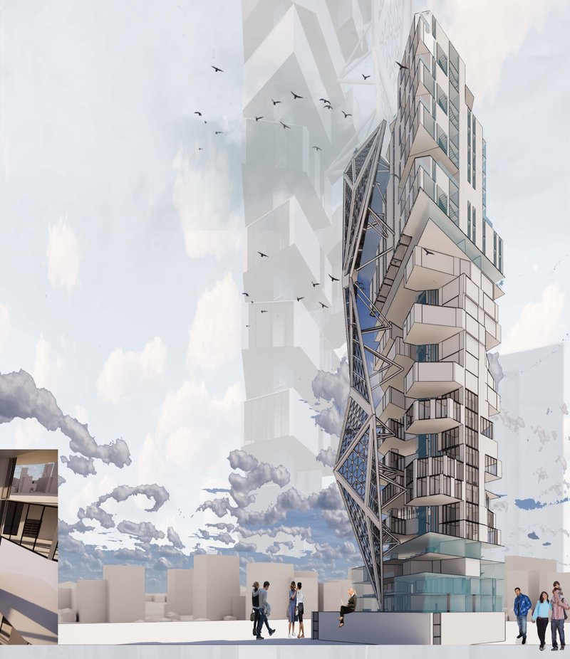 The tower's expressive skin and dynamic massing frame a new typology for vertical mixed-use communities.