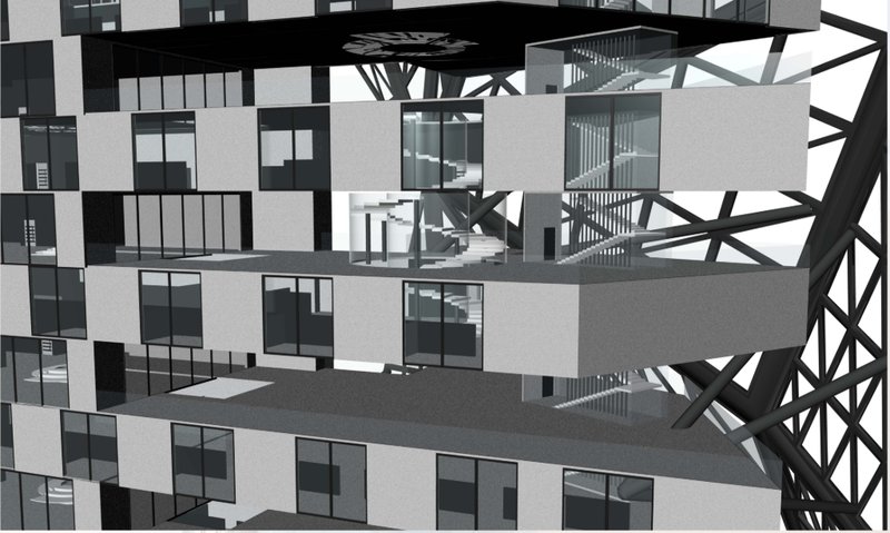 Layered balconies and structural grids create modularity and rhythm across the residential facade.