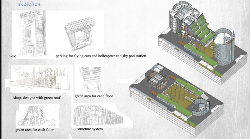 Concept sketches and axonometric views showcasing green terraces, flying car decks, and structural systems.