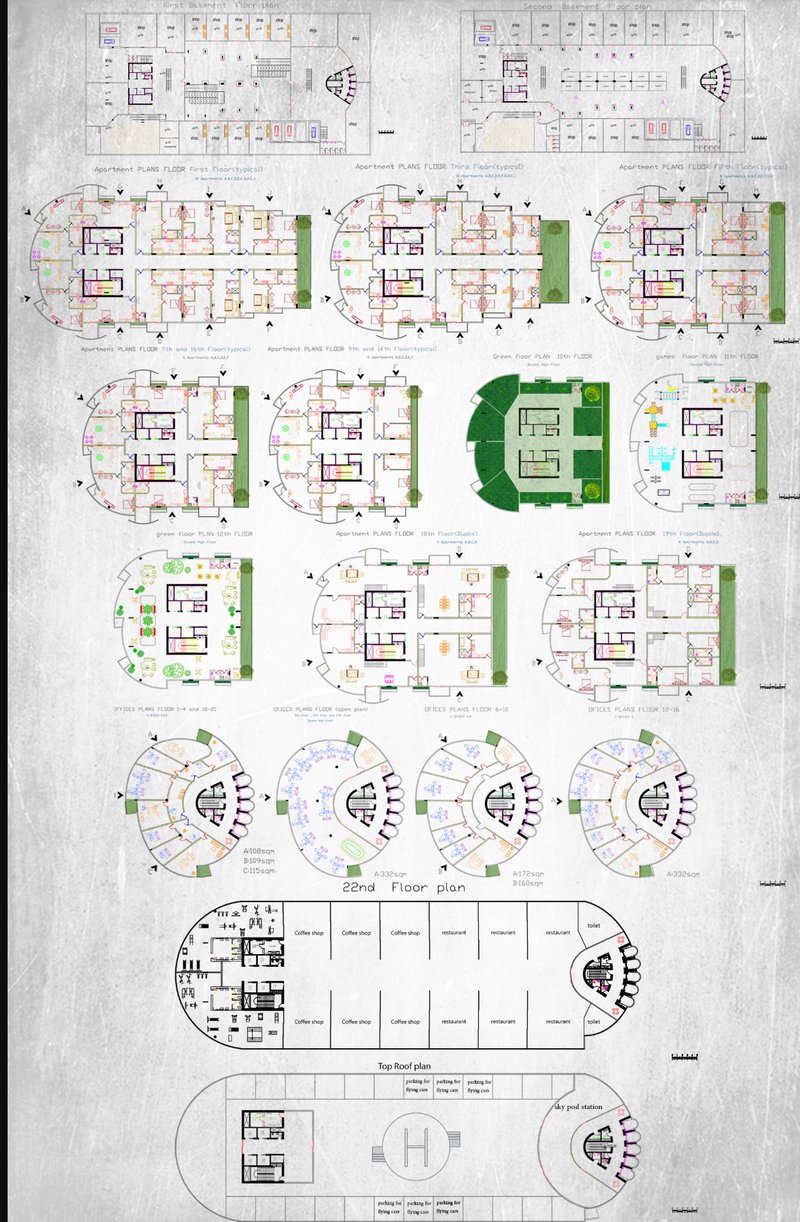 Multi-zonal floor plans detailing residential, office, and recreational layouts across all levels.