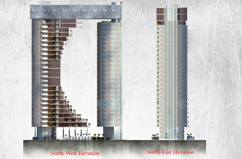 North-west and north-east elevations highlighting the central void and dual tower articulation.
