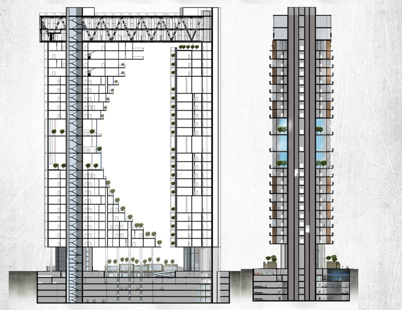 Longitudinal and cross sections illustrating interior zoning, green balconies, and core systems.