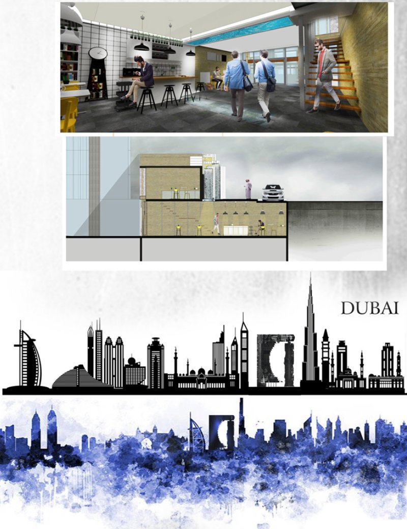 Interior space render and skyline integration placing the tower within the Dubai context.