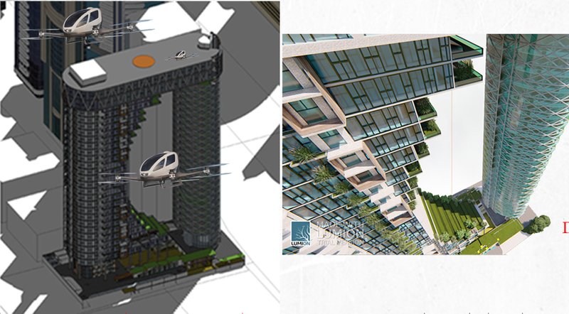 Futuristic render showcasing the tower’s helipad and air mobility infrastructure.