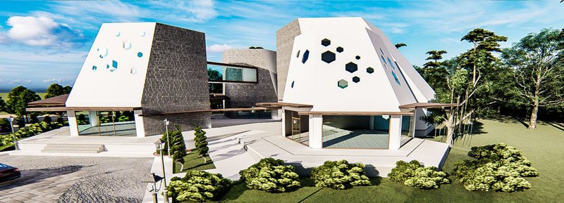 The central courtyard features biomorphic facades and symbolic perforations drawing on Aboriginal cultural motifs.
