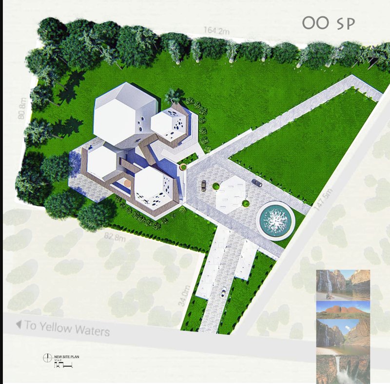 The layout showcases intentional green buffers and axial circulation referencing the surrounding landscape and rock formations.