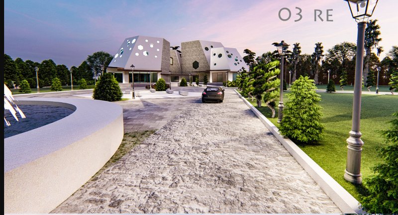 A ceremonial drive leads to a circular water fountain, aligning built form with movement and reflection.