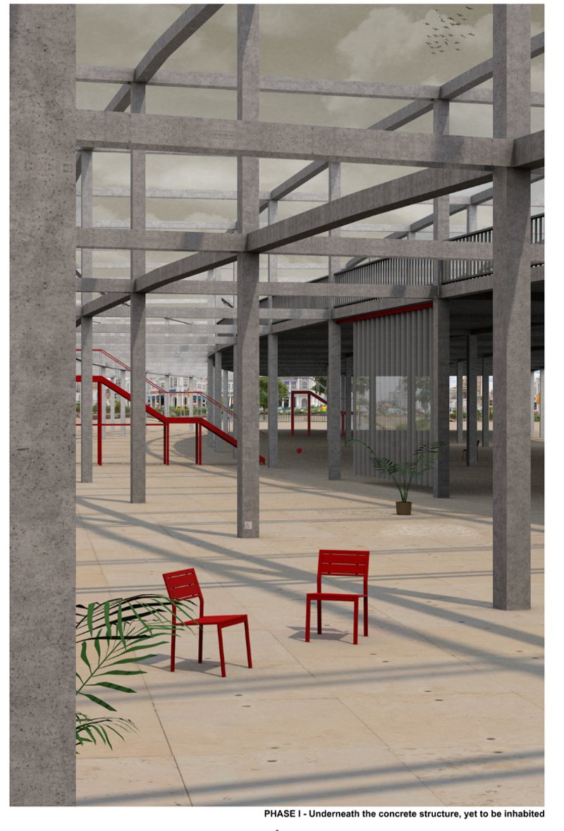 An open skeletal grid with flexible infrastructure invites early community interaction beneath the unfinished structure.