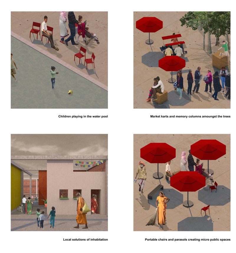 Children play, vendors gather, and families interact in modular public spaces shaped by parasols, benches, and market karts.