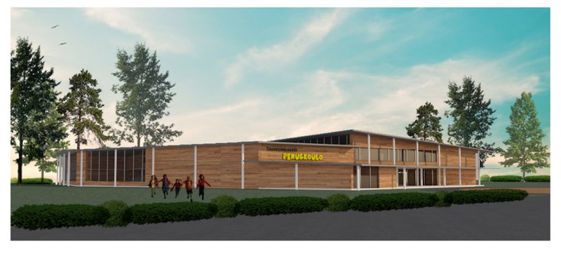 A welcoming façade with warm wooden finishes, blending the school with its natural surroundings.