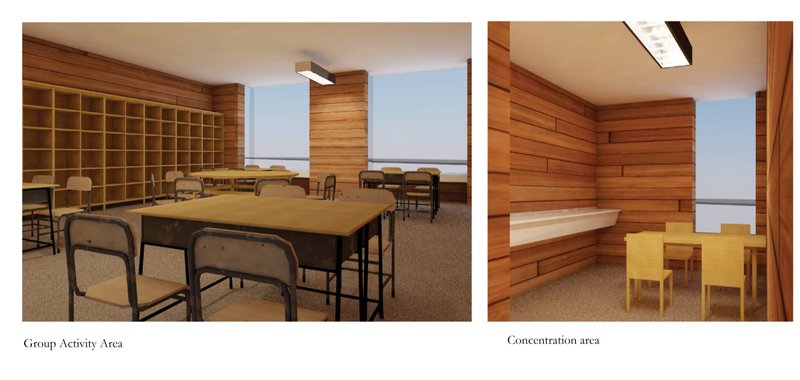 Warm, timber-clad interiors foster collaboration and individual focus, reflecting a home-like learning atmosphere.