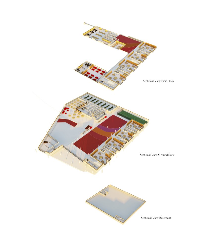 Exploded axonometric diagrams showing the spatial distribution across basement, ground, and first floors.