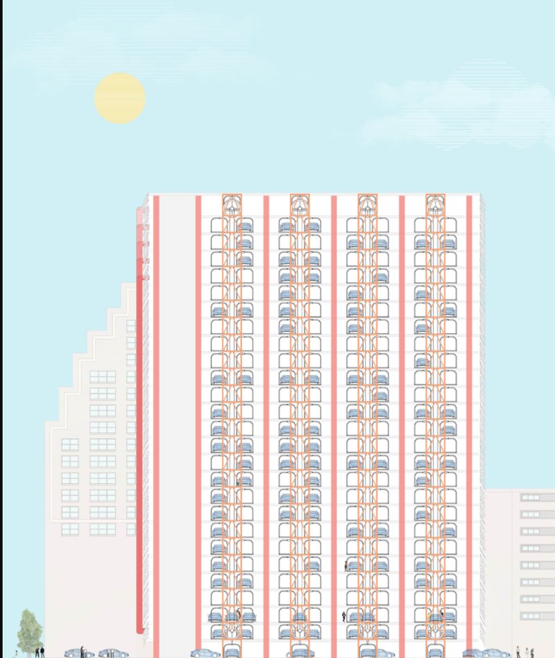 Structural section showing automated car lifts and vertical workshops for part dismantling.