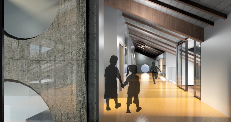 Daylit learning corridor designed for exploration, movement, and child-safe transitions.