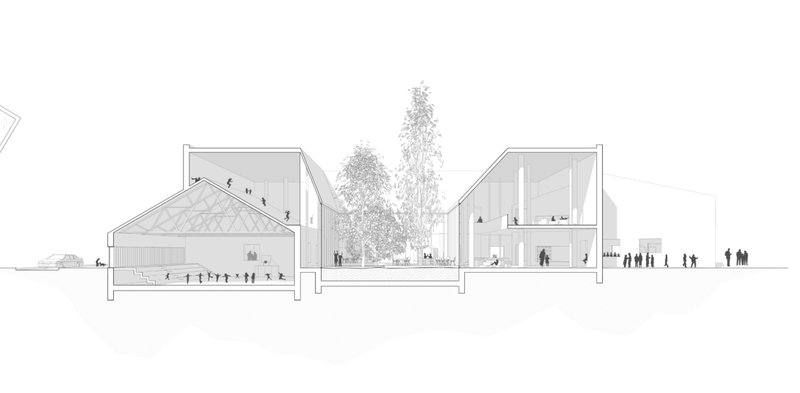 Section drawing illustrates spatial layering, active circulation, and shared green courtyard.