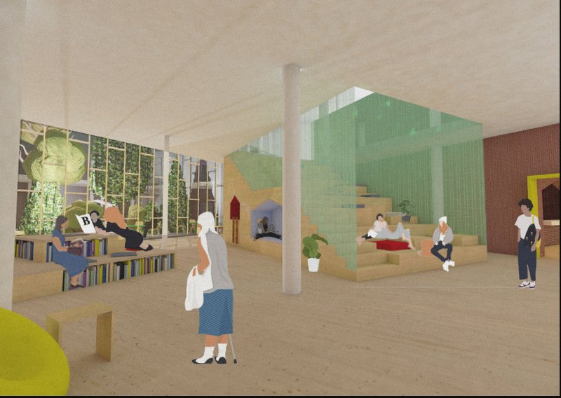 A sunlit learning lounge with layered seating and a community-focused reading zone.