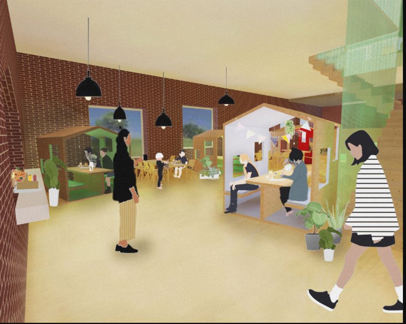 Indoor village-style pods foster intimate interactions and inclusive group learning.