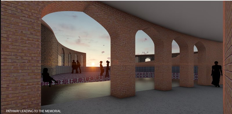 An arched corridor that leads visitors toward the central memorial, symbolizing a journey through memory.