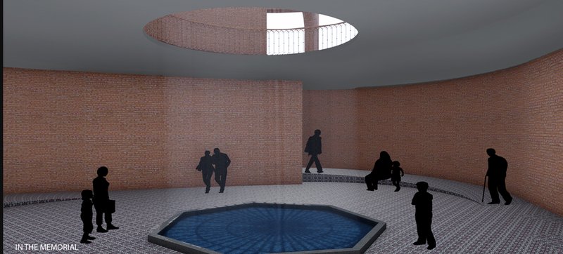 A quiet, circular space with a central water feature, designed for personal reflection and collective healing.