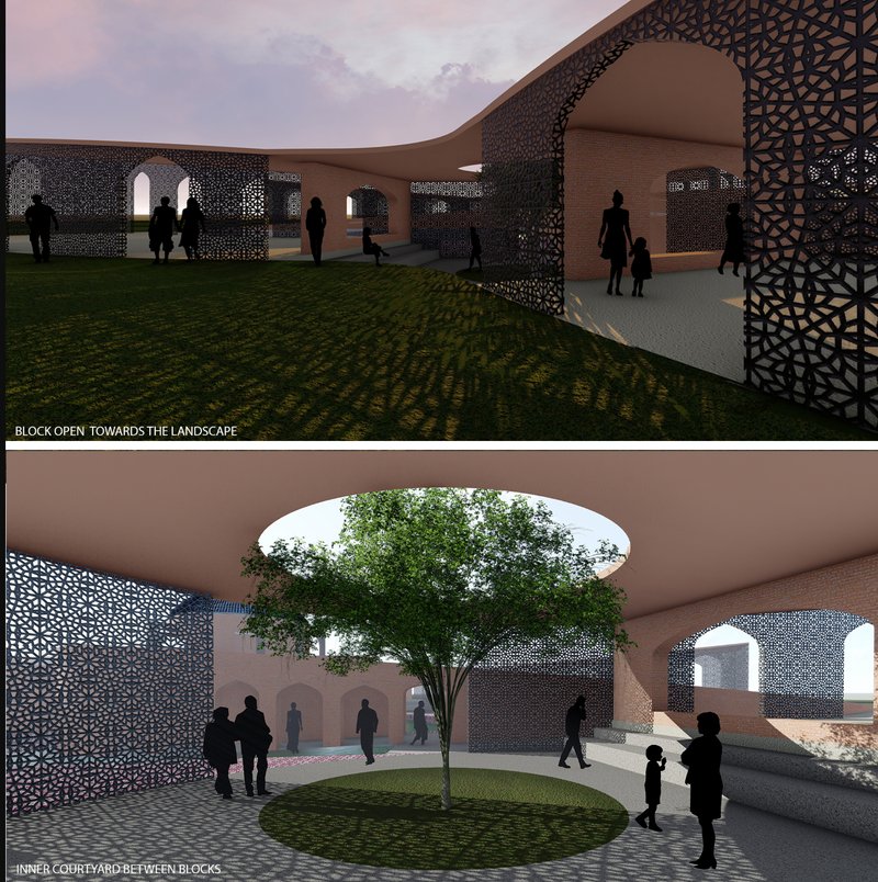 Green open spaces and shaded inner courtyards foster interaction, relaxation, and connection within the built environment.