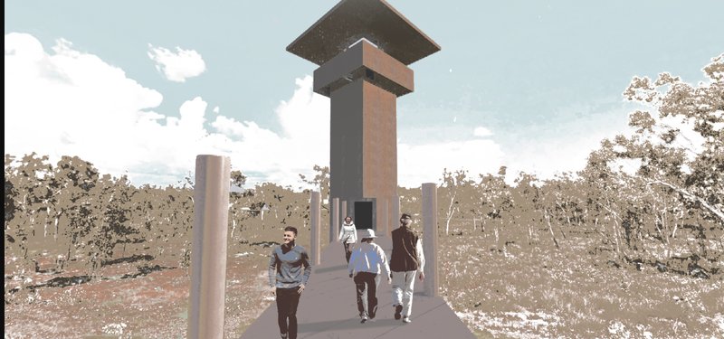 A symbolic watchtower guides visitors toward sacred reflection and panoramic observation.
