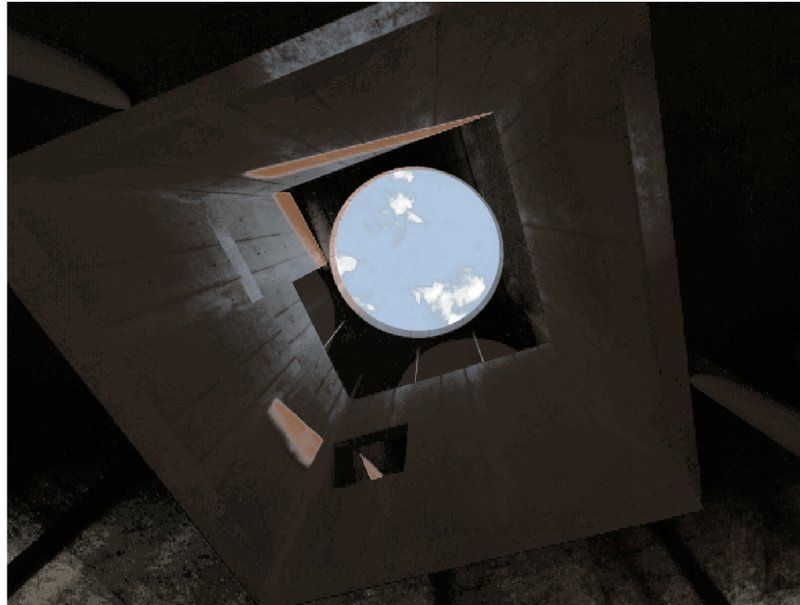 A circular skylight in the tower frames the heavens, linking architecture to the sacred sky.