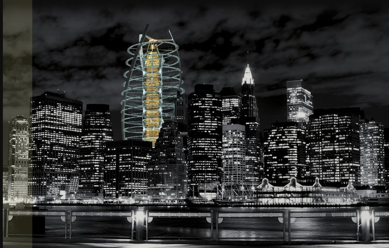 The Cloud Workspace tower pierces the skyline, blending futuristic form with New York's iconic urban silhouette.