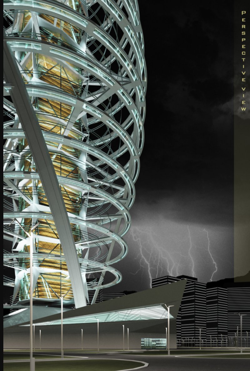 A dramatic upward view highlighting the dynamic spiral air decks and the illuminated inner core under stormy skies.