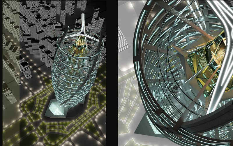 Top-down axonometric rendering paired with an interior spiral view — displaying the tower’s complex structural choreography.