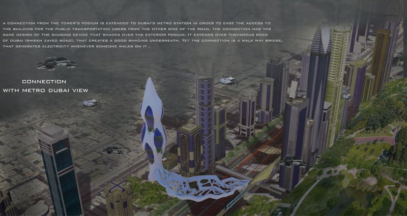 A walkable bridge connects the tower to Dubai Metro, generating electricity with every step.