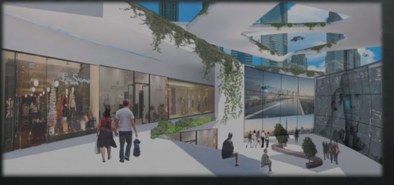 A smart retail plaza blends physical shopping with digital experiences under a solar-filtered atrium.