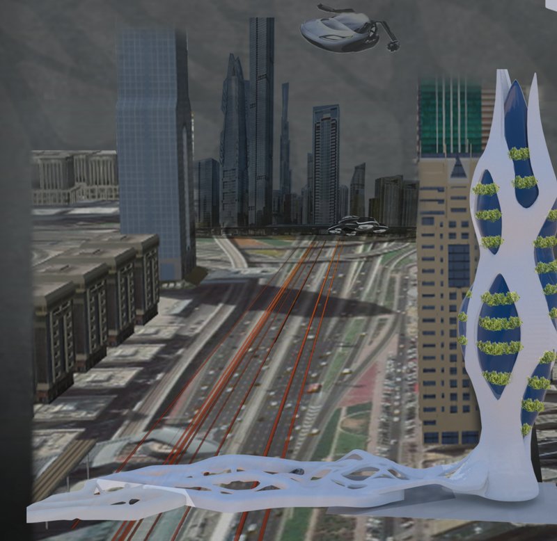 The organic base of the Green Eye Vision tower integrates flying car access and pedestrian infrastructure.