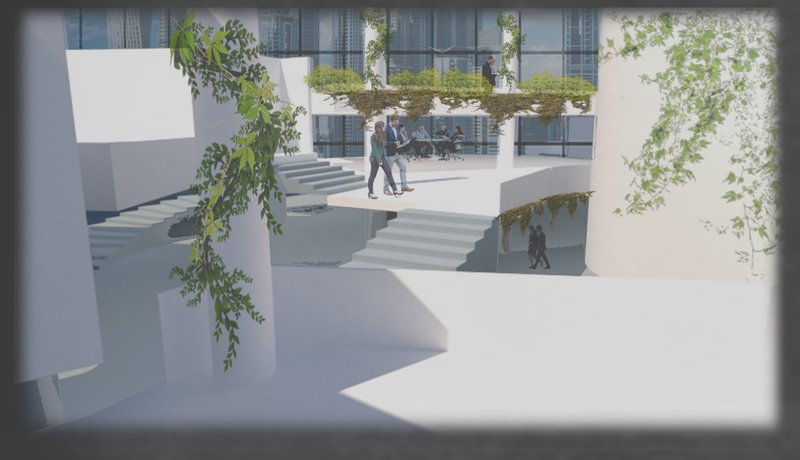 Biophilic interior spaces promote interaction, daylight, and layered movement through terraced circulation.