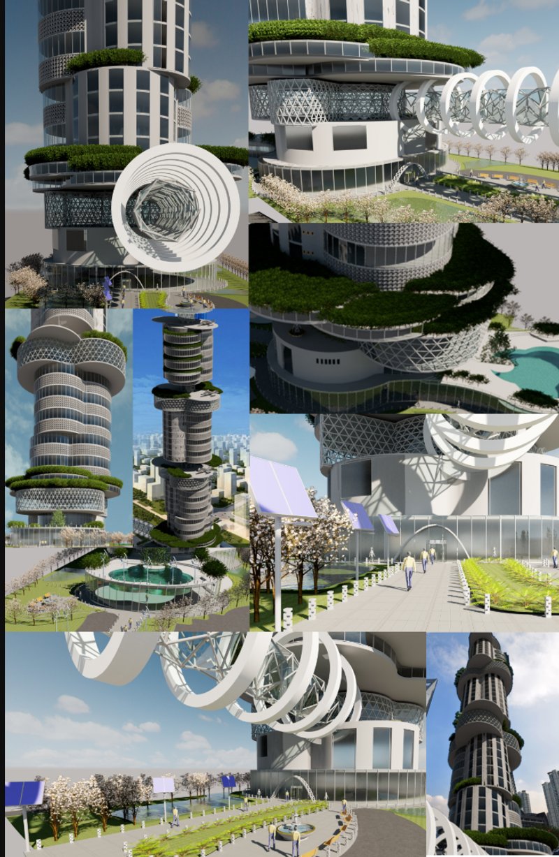 Close-up view of the tower’s rotating floors with green terraces and responsive architecture.