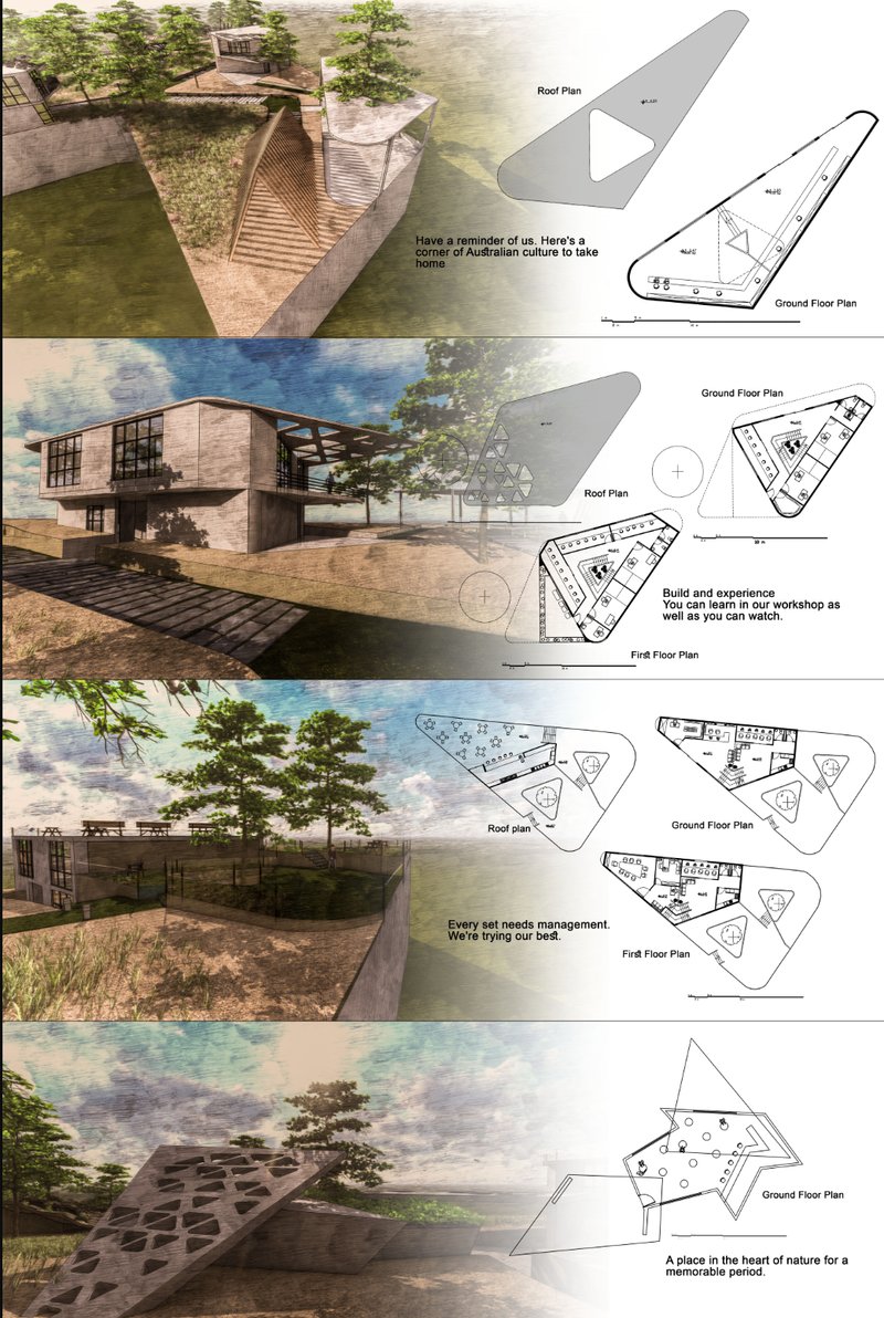 Architectural layering of cultural, communal, and private spaces along the natural terrain.
