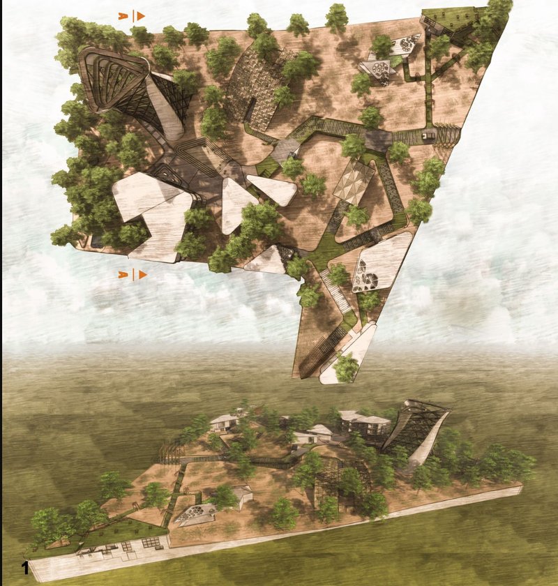 Aerial layout blending architecture with the Kakadu landscape, inspired by native forms and ecological flow.
