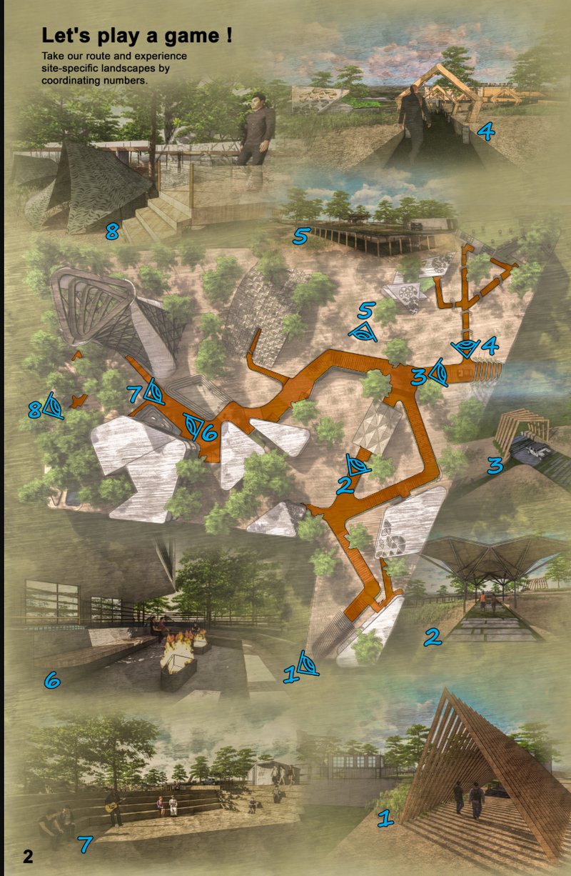 A sculptural ascent symbolizing transformation and reflection, framing panoramic views of the site.