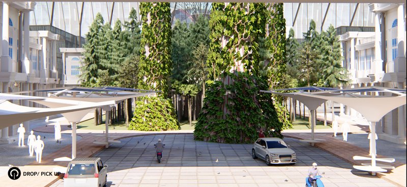 Drop-off area designed around green pillars and vertical forest integration.