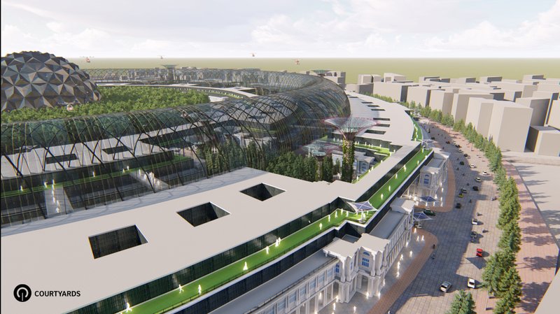 Courtyard view showcasing multi-level glass roofing and public green terraces.