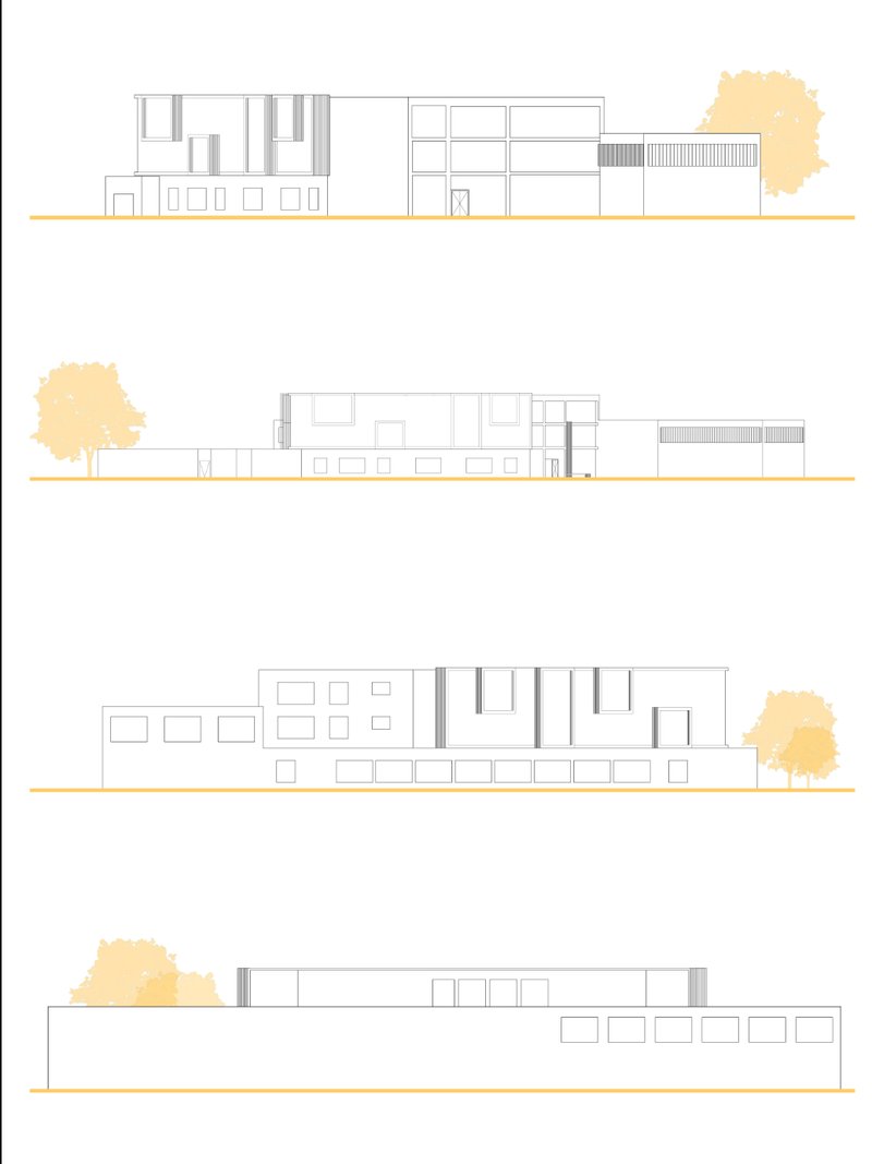 Elevation studies highlighting the clean lines, varied textures, and transparent panels shaping the school’s identity.