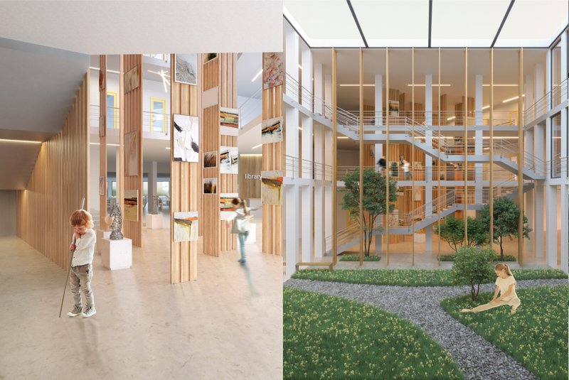 Art-filled interiors and a central green atrium foster creativity and contemplative learning.