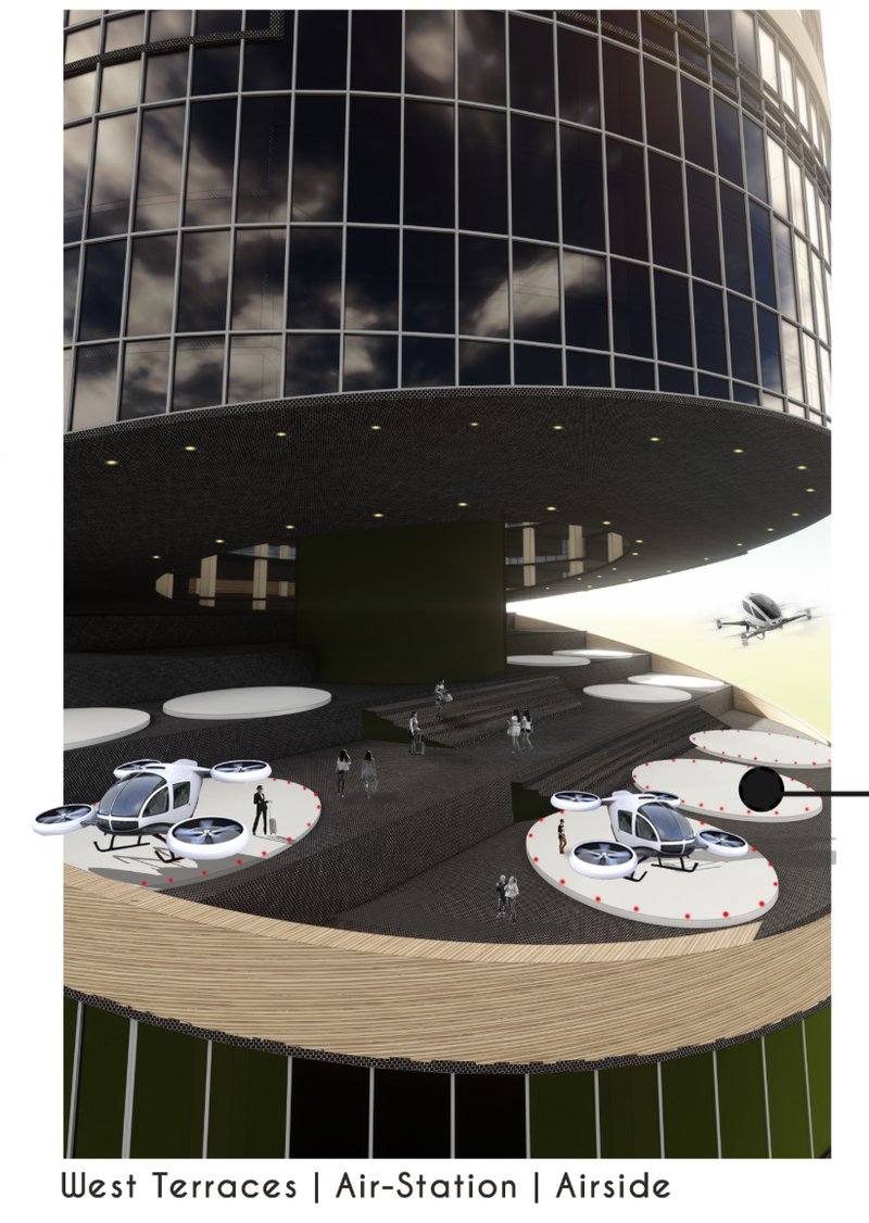 West-facing air-station platforms designed for drone taxis and vertical commuting.