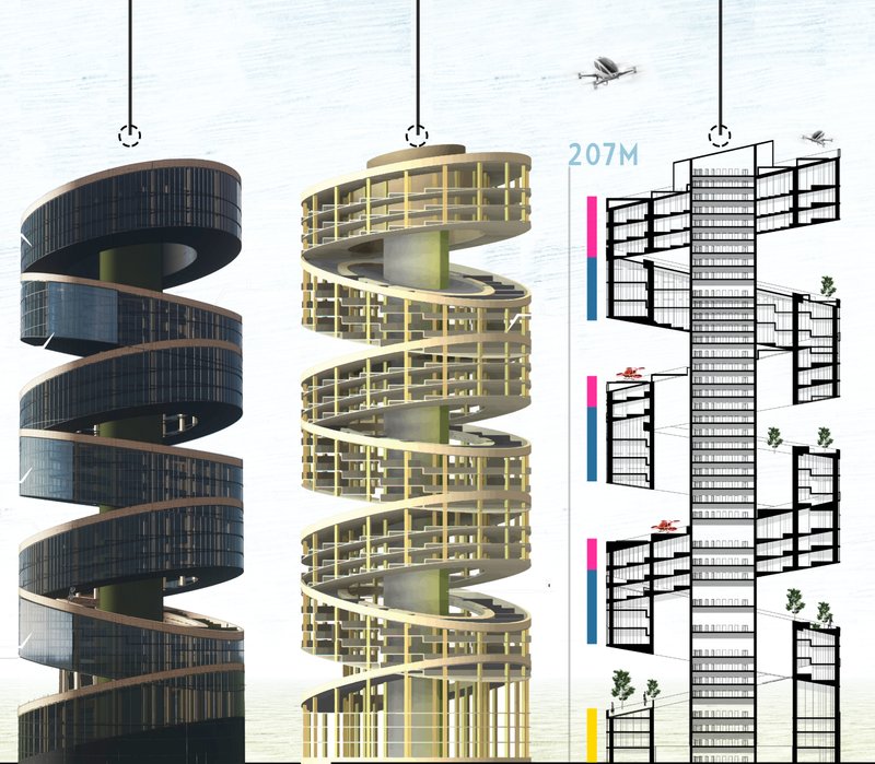 A breakdown of the façade, timber skeleton, and functional zoning of the 207-meter tower.