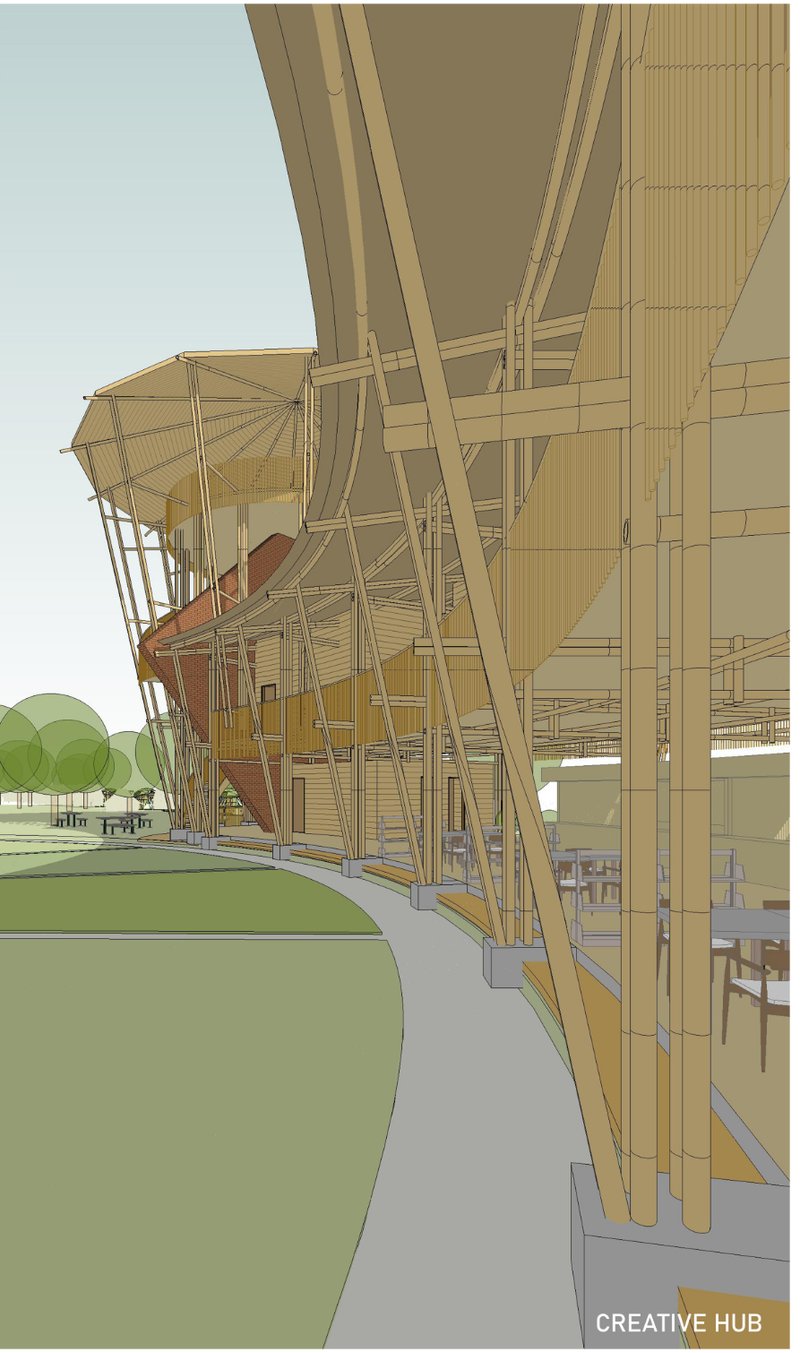 Curved bamboo structures shaping the interactive creative hub.