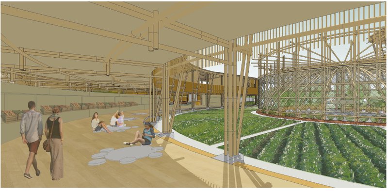 Community space beside cultivation zones encouraging social engagement.