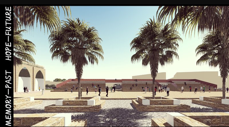 A vibrant communal zone surrounded by palm trees and terraced seating—designed for gatherings and civic interaction.