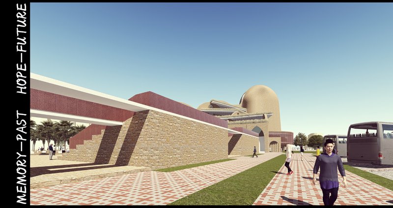 A landscaped pedestrian path linking public transit arrival with the memorial core, symbolizing open access.
