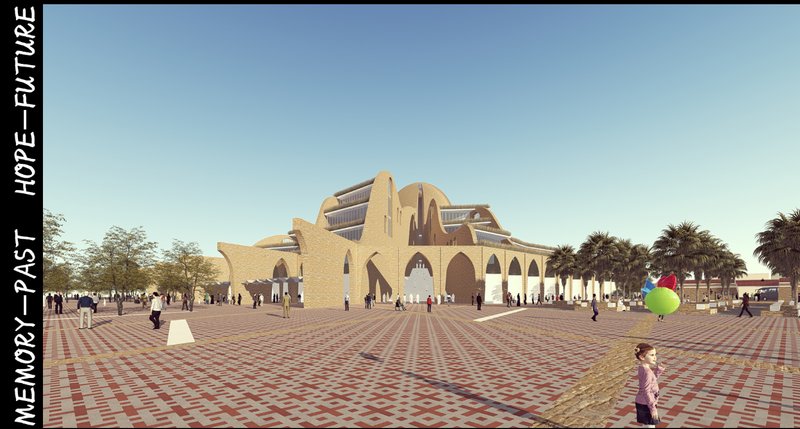 The complete structure viewed from the civic square, showcasing its iconic domes and flowing geometry.