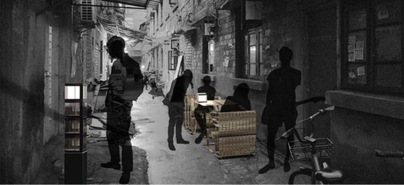 Densely built alleys become social hubs at night, lit by shared urban furniture systems.